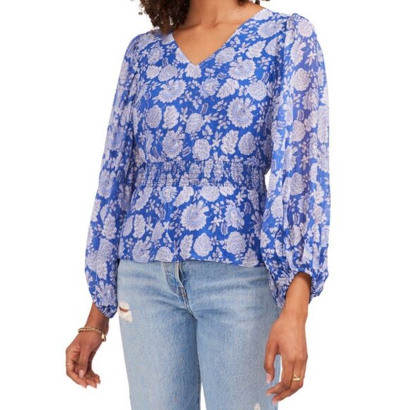 Vince Camuto Blue Gray Floral Print Smocked Waist Balloon Sleeve Peplum Small - Picture 1 of 16